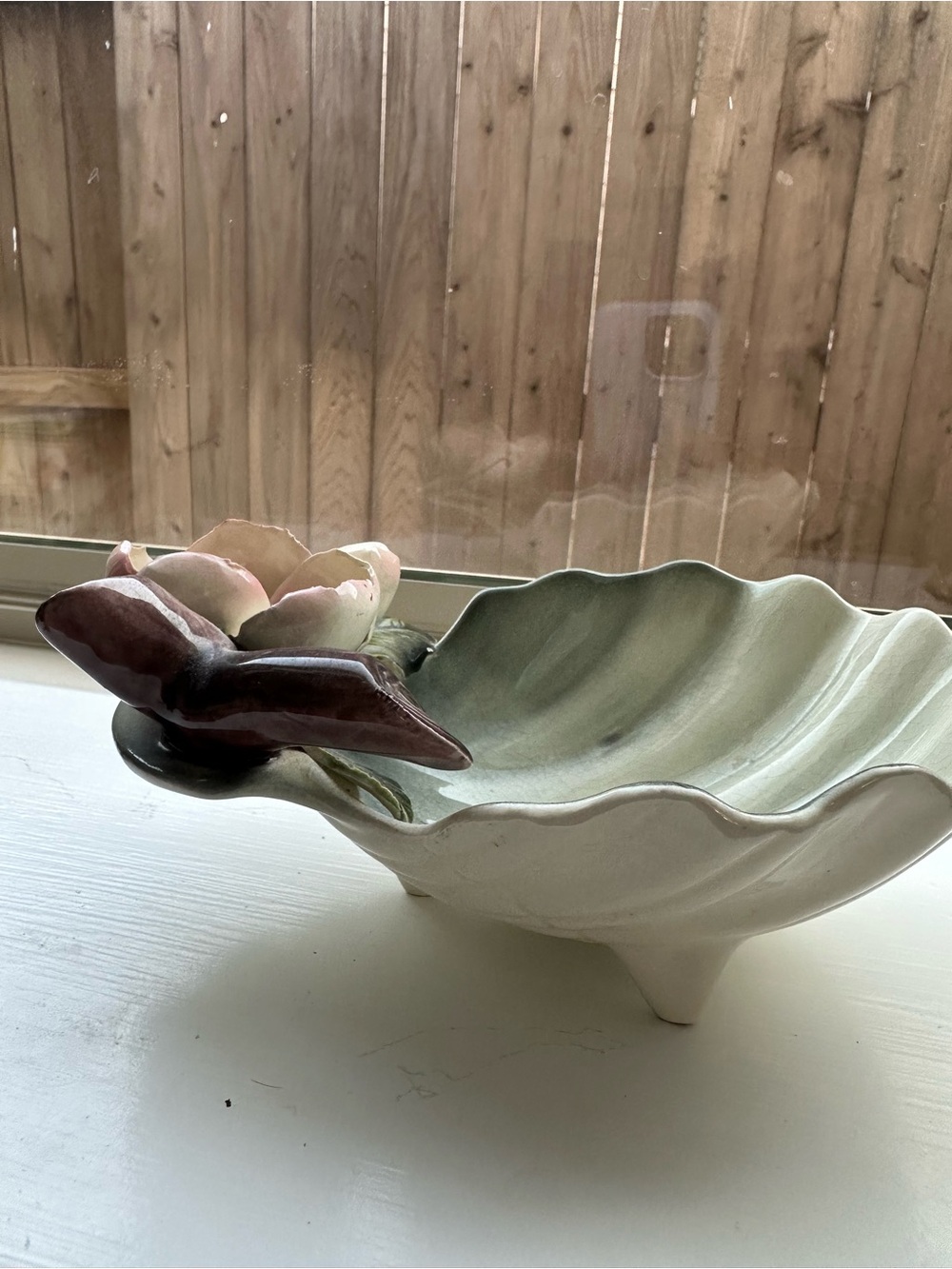 JACKSON Green Shell Ceramic Bowl with Pink Flower Accent